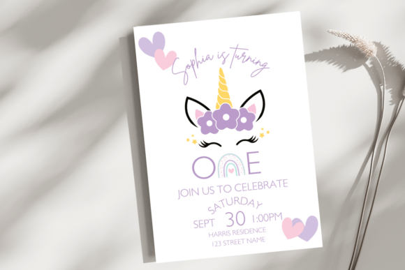 Unicorn First Birthday Invite Template